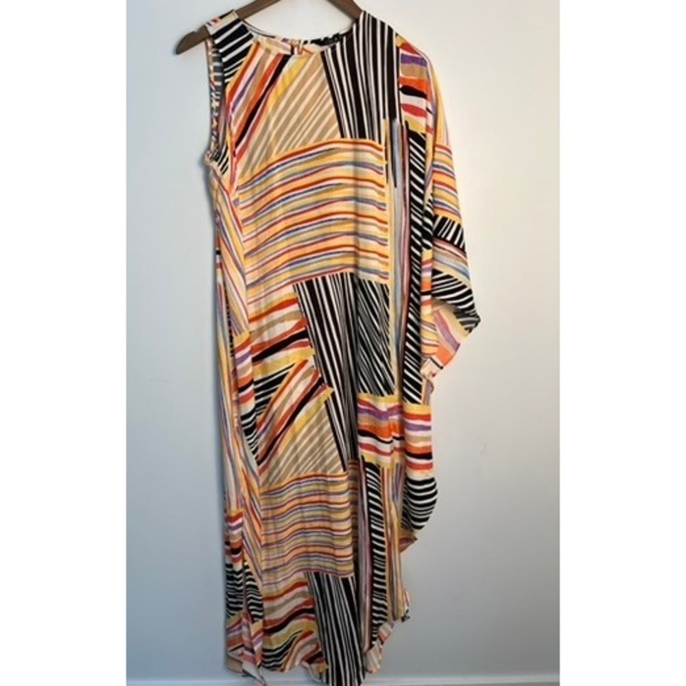 Iman Sm Geometric Striped Asymmetrical Maxi Dress Resort Vacation Summer Beach‎